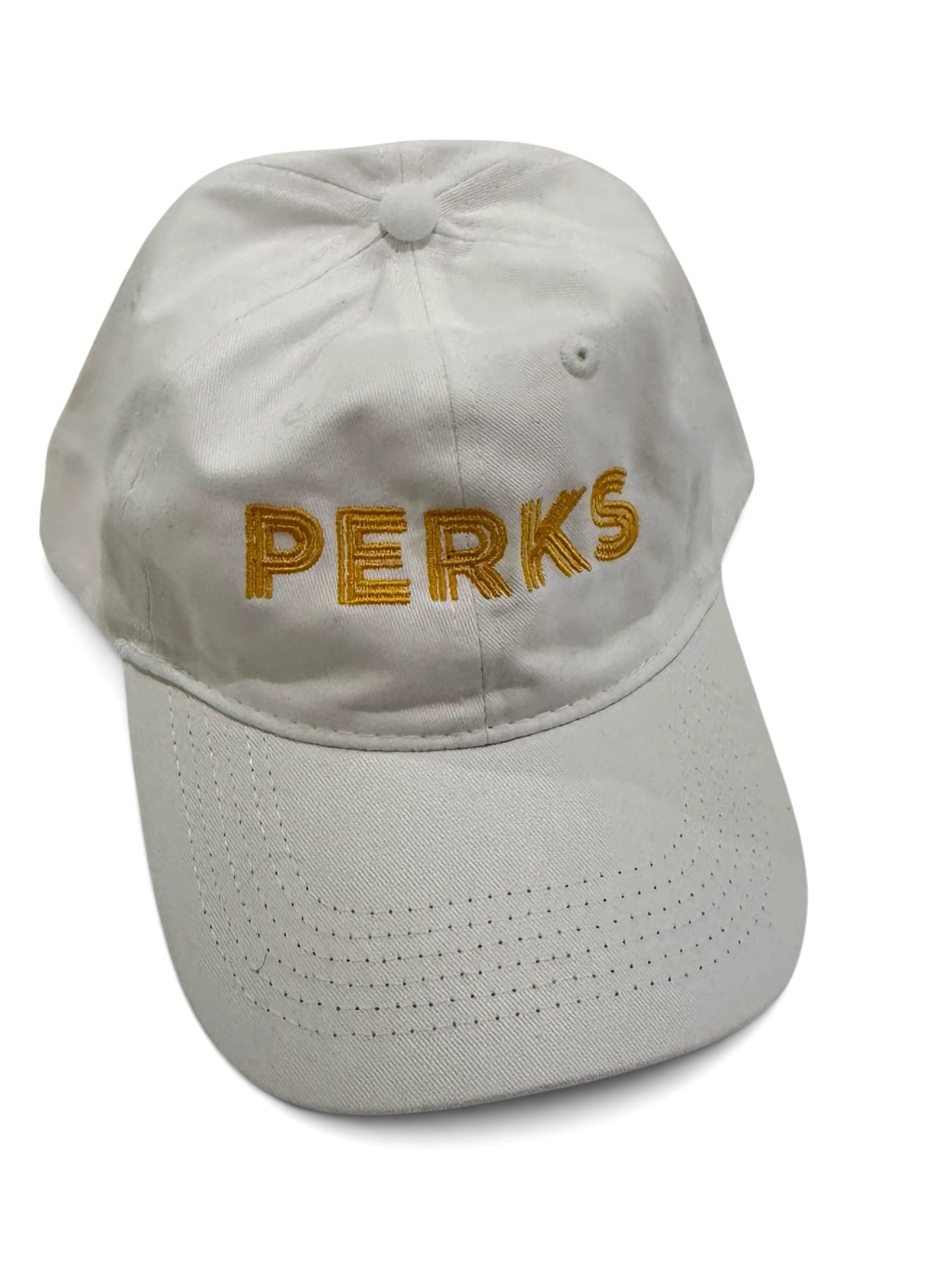 Perks Embroidered White Baseball Cap With Gold Logo